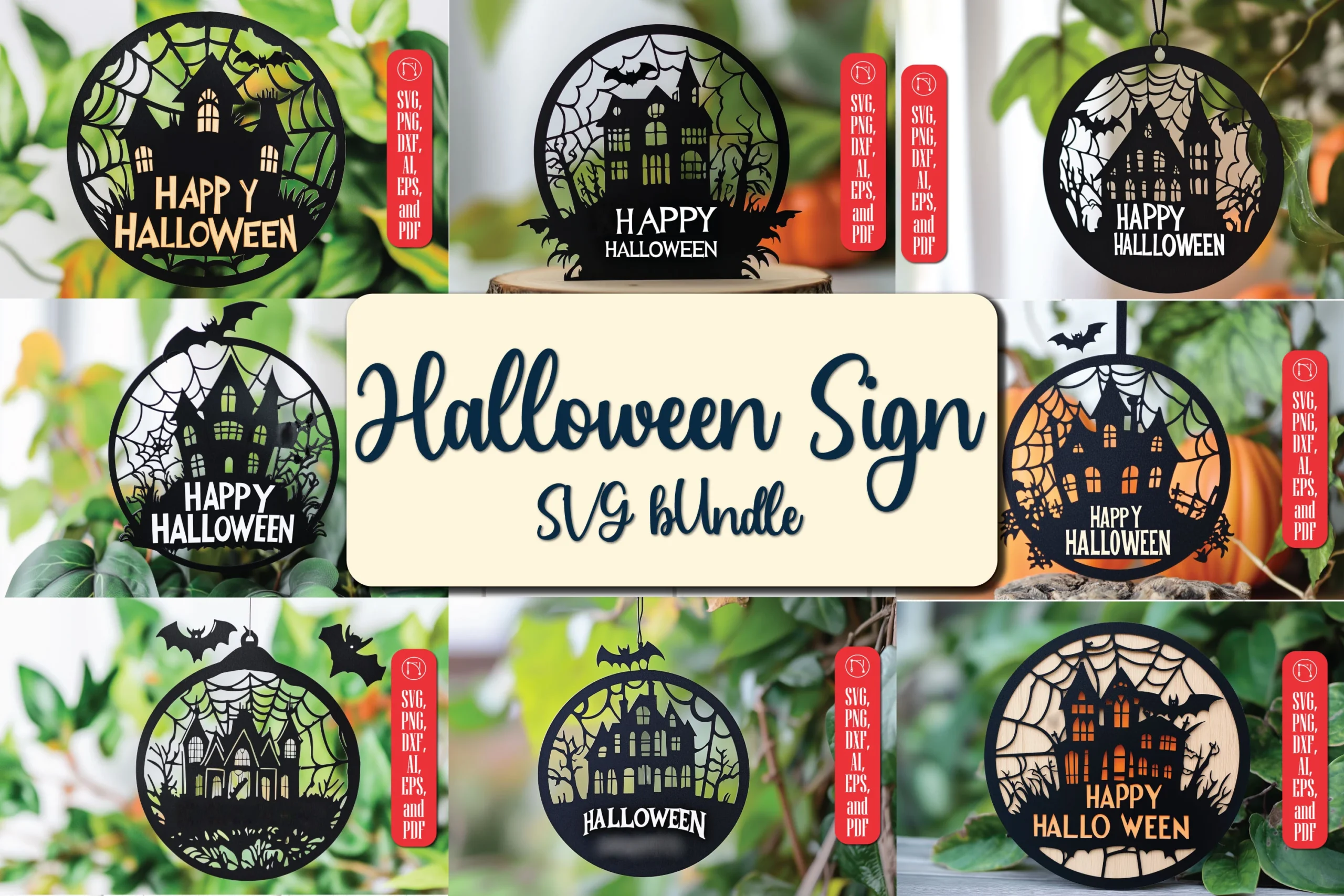 LASER CUT Halloween Sign SVG Bundle preview showing a haunted house sign with restrained detail and clear open composition