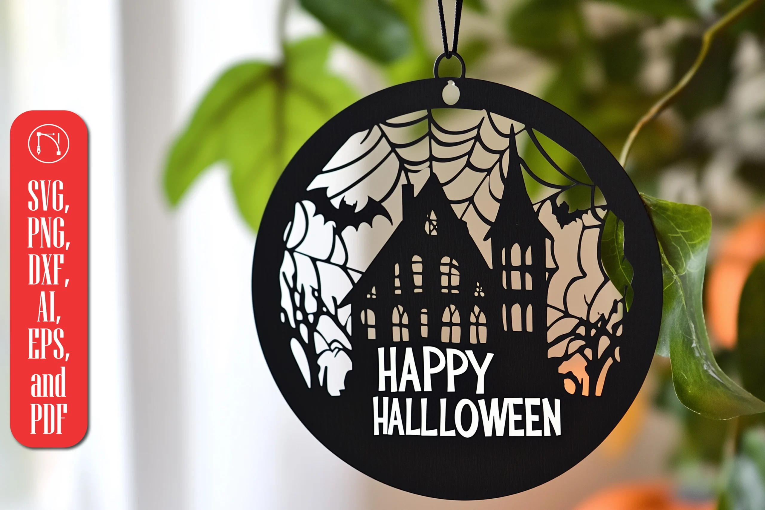 LASER CUT Halloween Sign SVG showing HAPPY HALLLOWEEN lettering in a circular black ornament with a haunted mansion, spiderwebs, and bats.