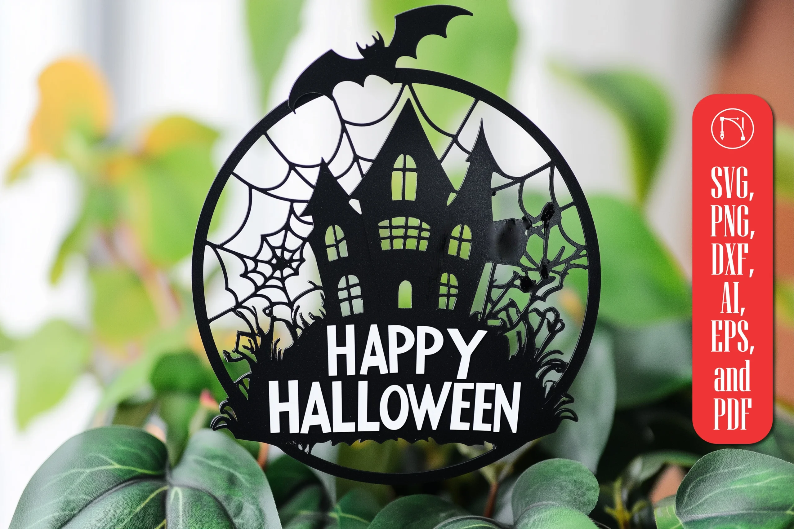 LASER CUT Halloween Sign SVG preview showing a restrained haunted-house silhouette in a clear open composition