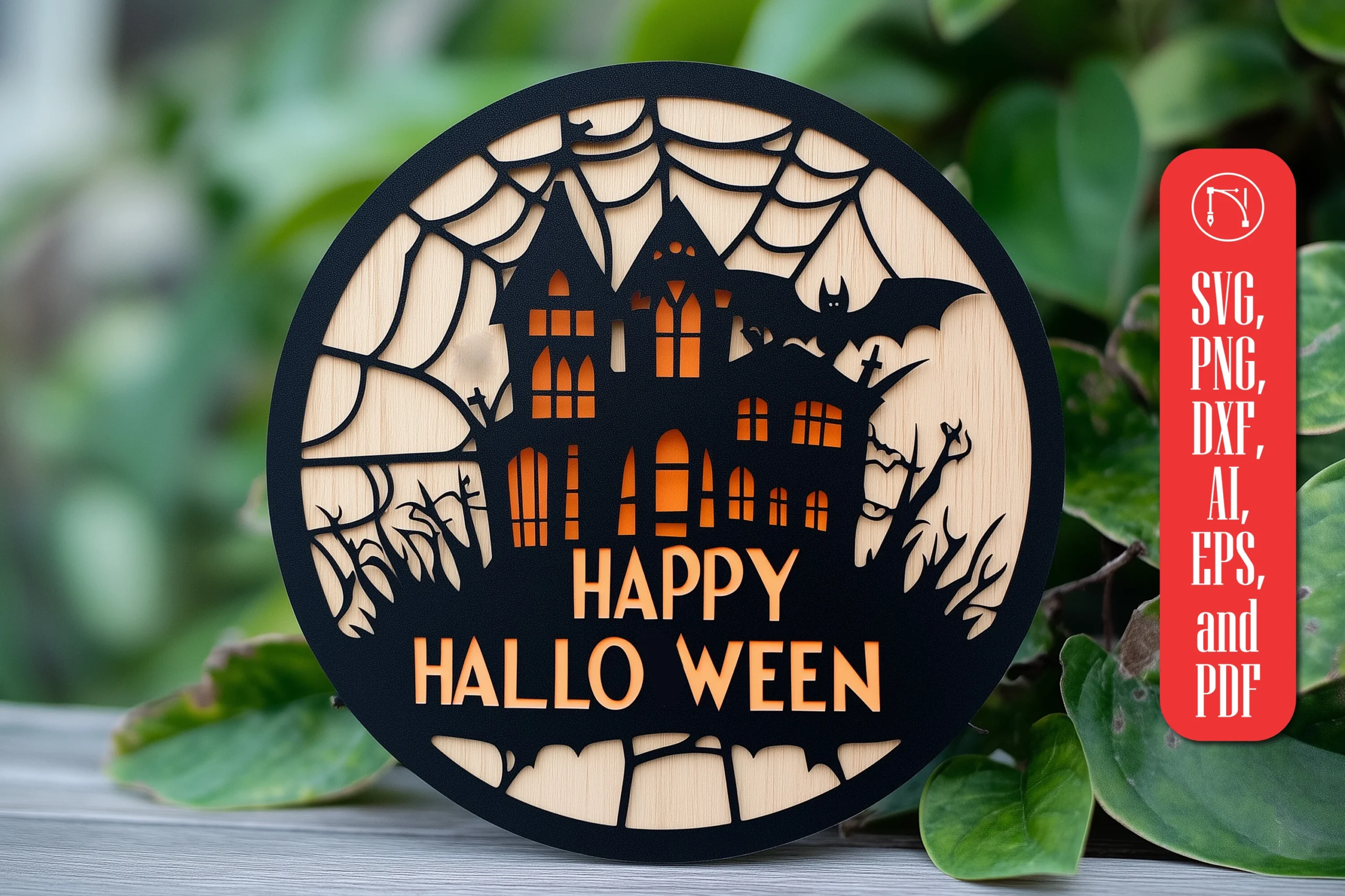 LASER CUT Halloween Sign SVG showing a restrained haunted house silhouette in a clear open composition