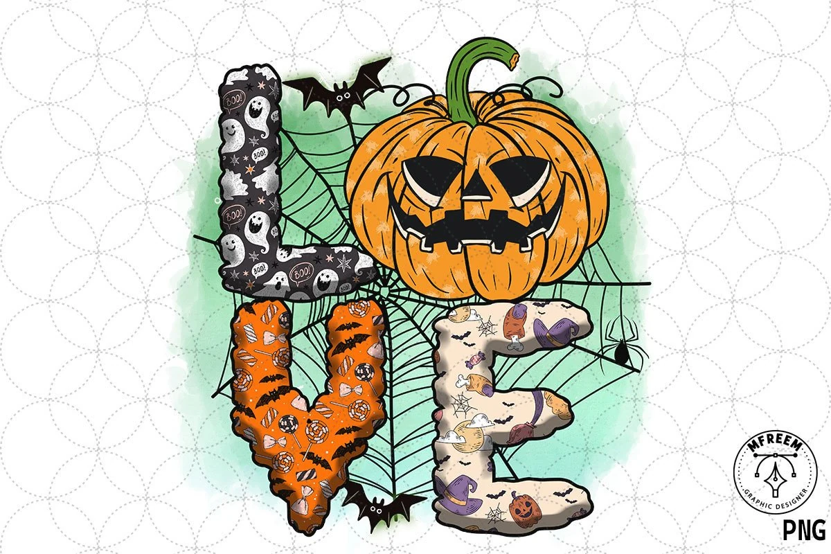 Love Halloween Pumpkin SVG Sublimation, a decorative LOVE graphic with Halloween-themed patterned letters, a jack-o'-lantern replacing the O, and a spiderweb background with small bat and spider illustrations.