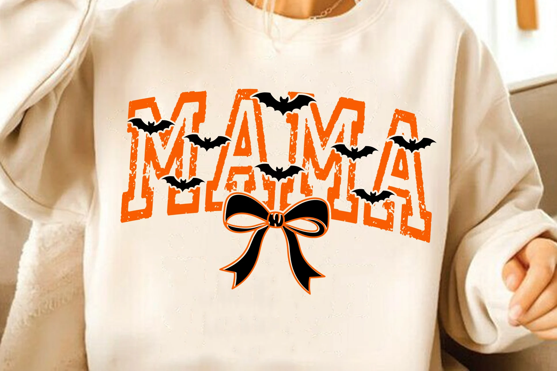 Mama Halloween SVG, Coquette Mama PNG featuring distressed orange MAMA lettering, black bat silhouettes, and a centered black bow with orange trim