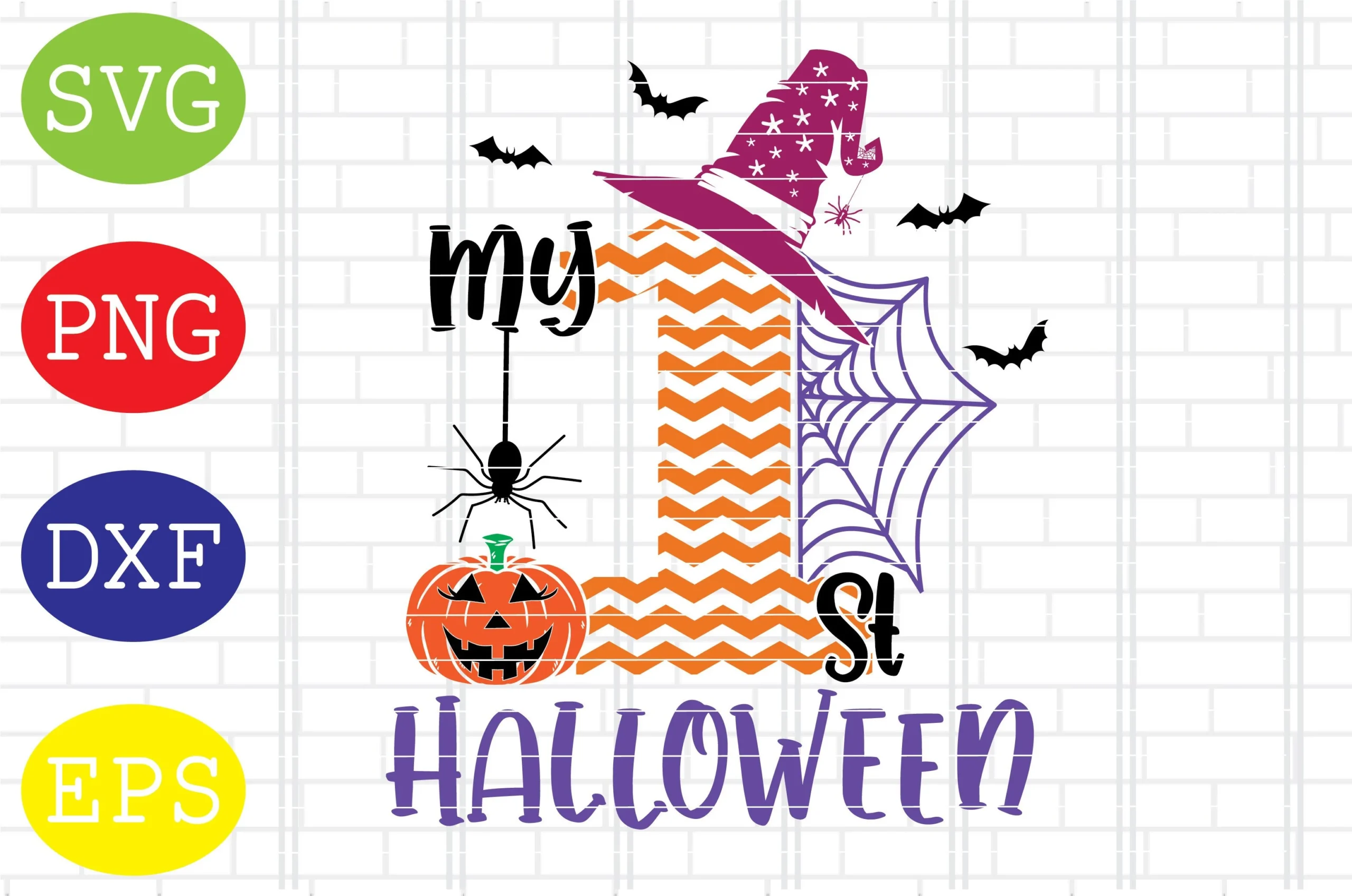 My 1st Halloween Svg featuring the text "my 1 St HALLOWEEN," a large orange chevron-patterned numeral one, a purple witch hat, a jack-o'-lantern, a dangling spider, a spiderweb, and flying bats.