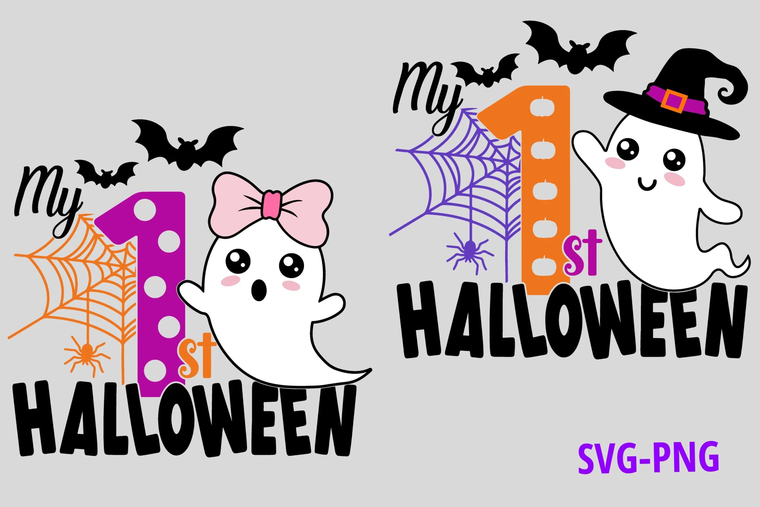 My First Halloween SVG,PNG showing two cartoon ghost variations with bold black lettering, bats, spiderwebs, a pink bow, and a witch's hat.