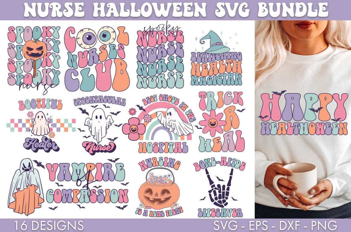 Nurse Halloween SVG Bundle PNG featuring sixteen retro-style Halloween nurse designs with rounded typography, ghosts, pumpkins, bats, and medical icons.