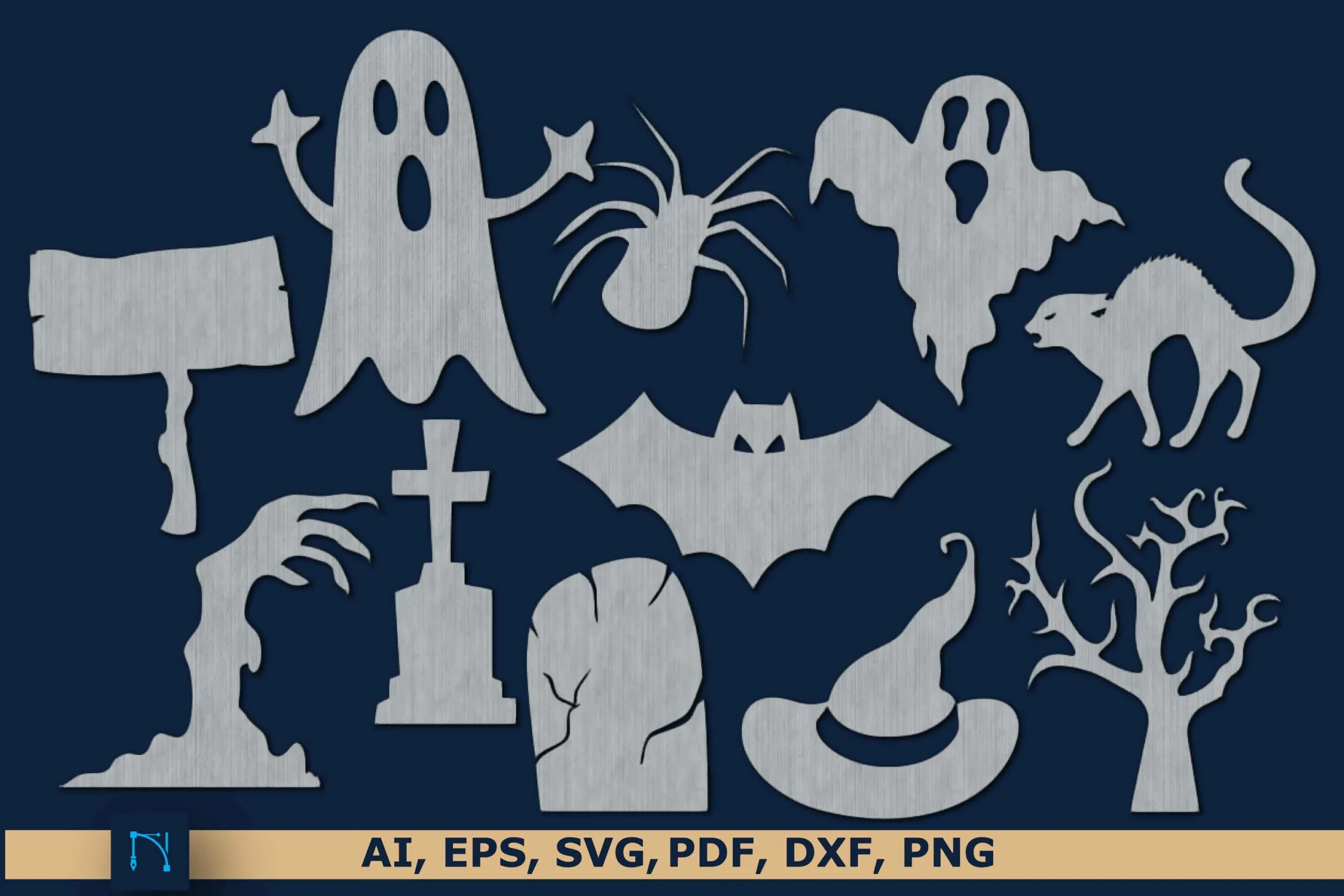 Paper Cut Halloween SVG Bundle featuring solid grey Halloween silhouettes including ghosts, a spider, a cat, tombstones, a bat, a witch's hat, and a bare tree on a dark blue background.