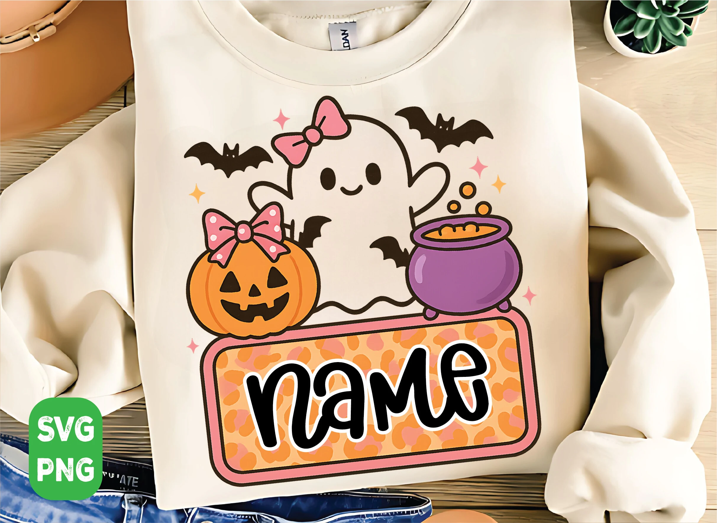 Personalized Kid Name Halloween Svg Png featuring bold rounded lettering inside a leopard-print rectangular frame with a ghost, jack-o'-lantern, cauldron, and bats