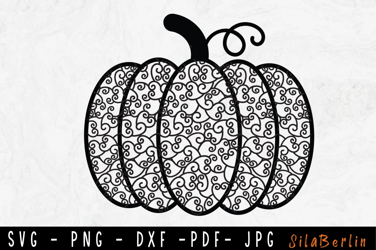 Pumpkin Fall Svg, Halloween Svg Autumn, an ornate pumpkin silhouette with dense filigree scrollwork, a curved stem, and a curly tendril