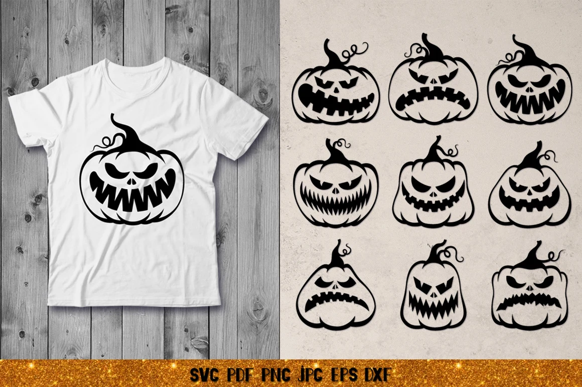 Pumpkin Fases SVG,Halloween Pumpkin SVG showing nine black pumpkin silhouettes with varied sinister carved faces arranged in a three-by-three grid.