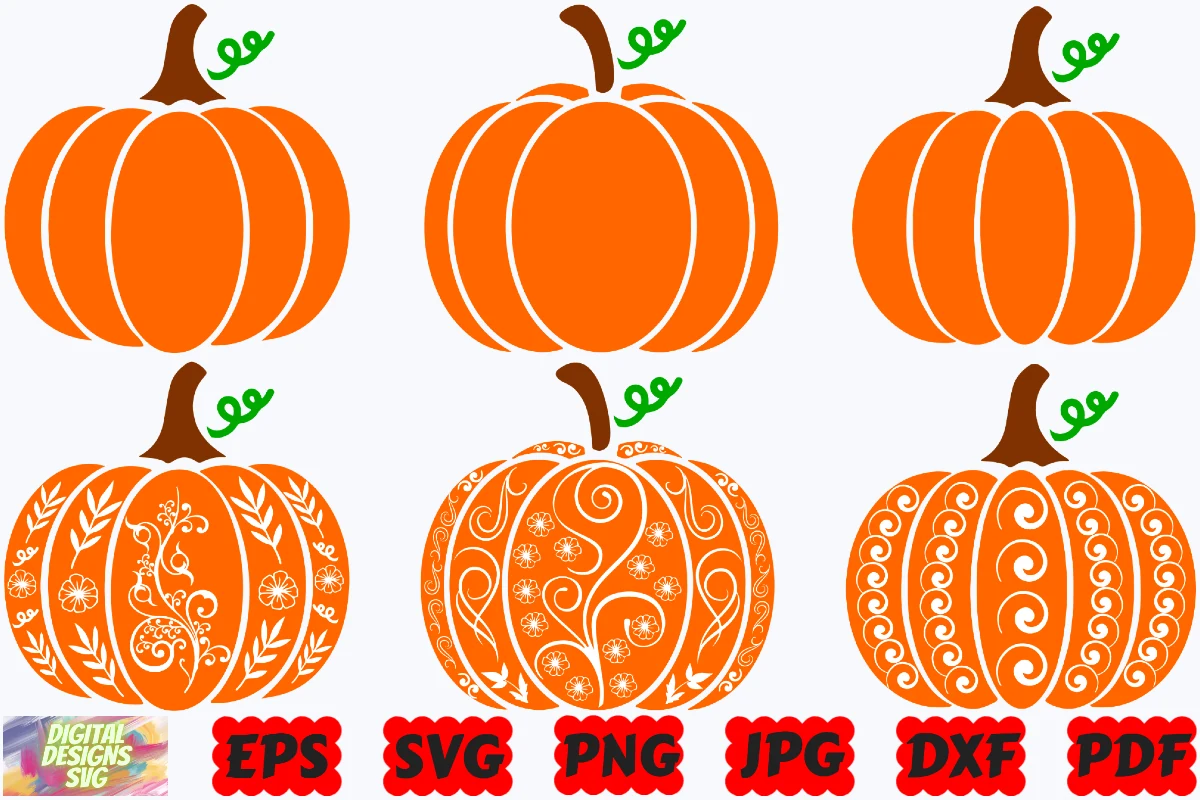 Pumpkin SVG | Halloween Pumpkin SVG |PNG showing six pumpkin illustrations, including smooth silhouettes and ornate floral, leafy, swirl, and geometric patterns.