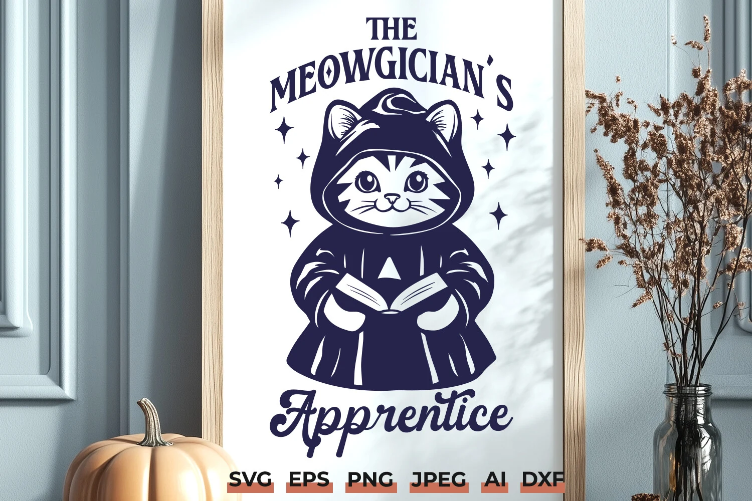 Retro Halloween Cat SVG, Trendy Style featuring a hooded kitten reading a small book, arched serif text above, looping script text below, and four-pointed stars.