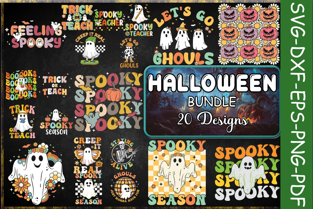 Retro Halloween SVG Bundle preview showing retro typographic Halloween designs with ghosts, pumpkins, flowers, disco balls, and skeletons arranged on a dark background.