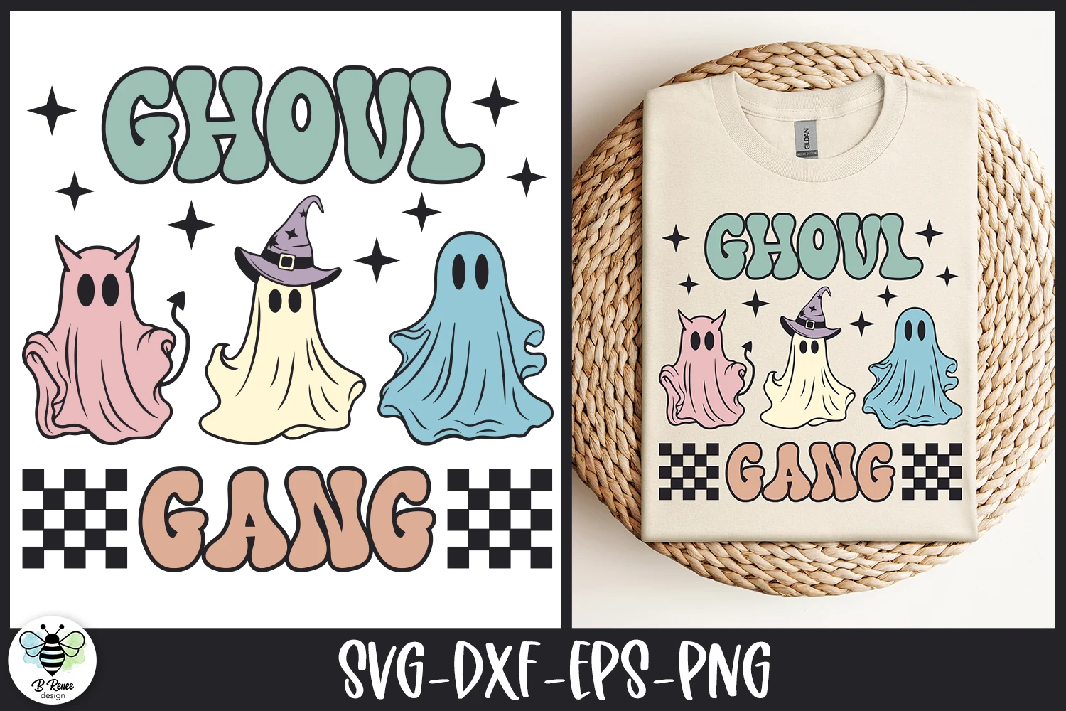 Retro Halloween SVG | Ghoul Gang featuring retro bubble lettering, three stylized ghosts, checkered blocks, and small star accents on a white background.
