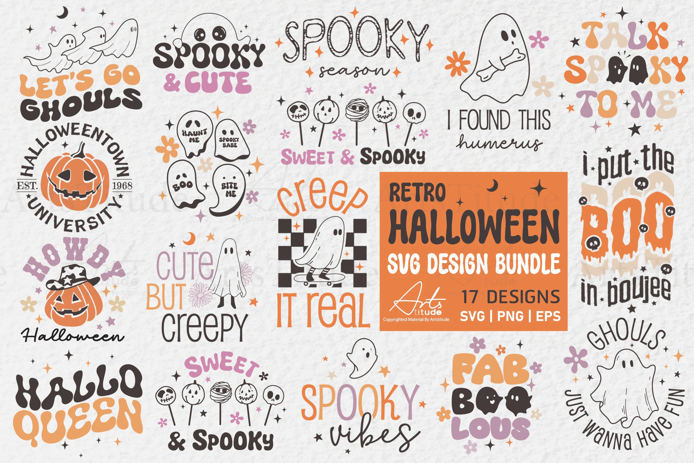 Retro Halloween SVG PNG Design Bundle featuring seventeen Halloween typographic compositions with bold retro lettering, ghosts, pumpkins, and skulls in muted orange, lavender, cream, and charcoal tones.