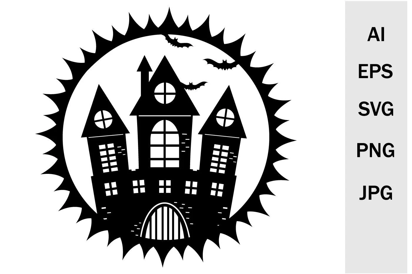 Schablone Schloss Halloween SVG, Cricut is a black haunted castle silhouette with three towers, arched windows, bats, and a spiked circular frame.