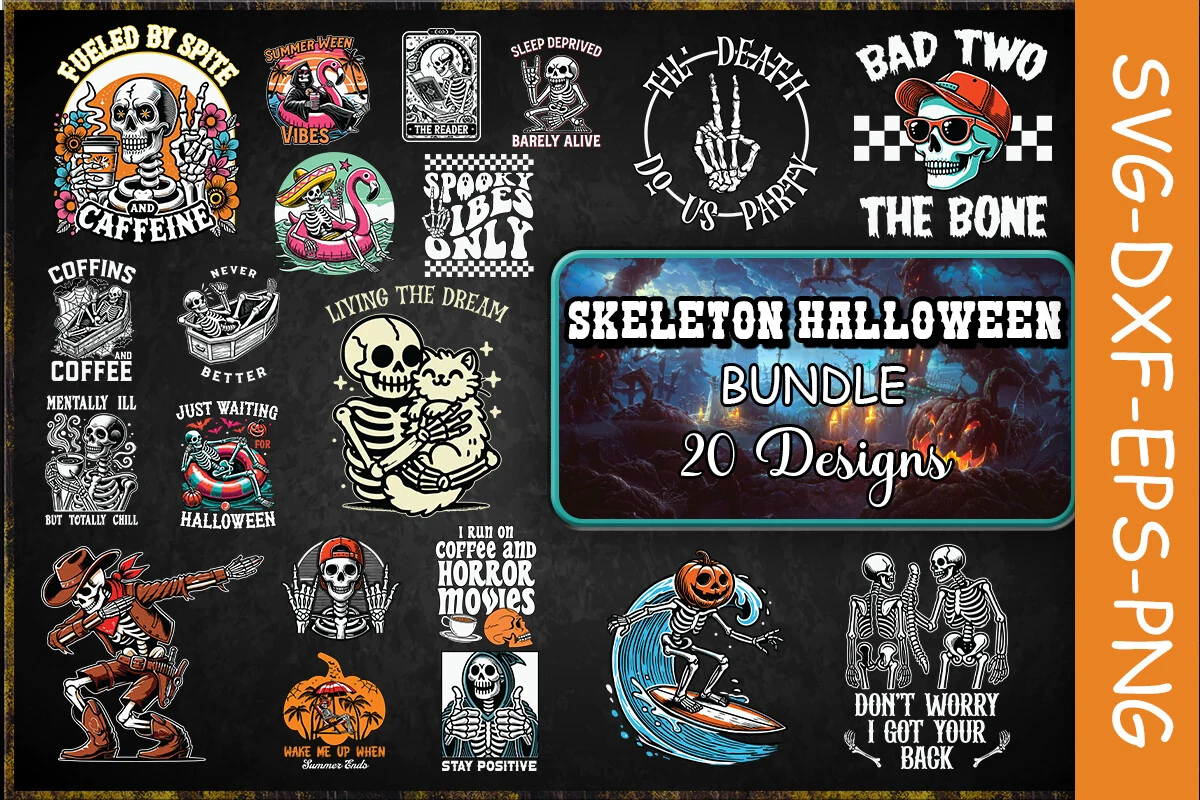 Skeleton Halloween SVG Bundle preview showing a collection of skeleton illustrations in varied scenes, paired with bold distressed typography and humorous Halloween slogans.