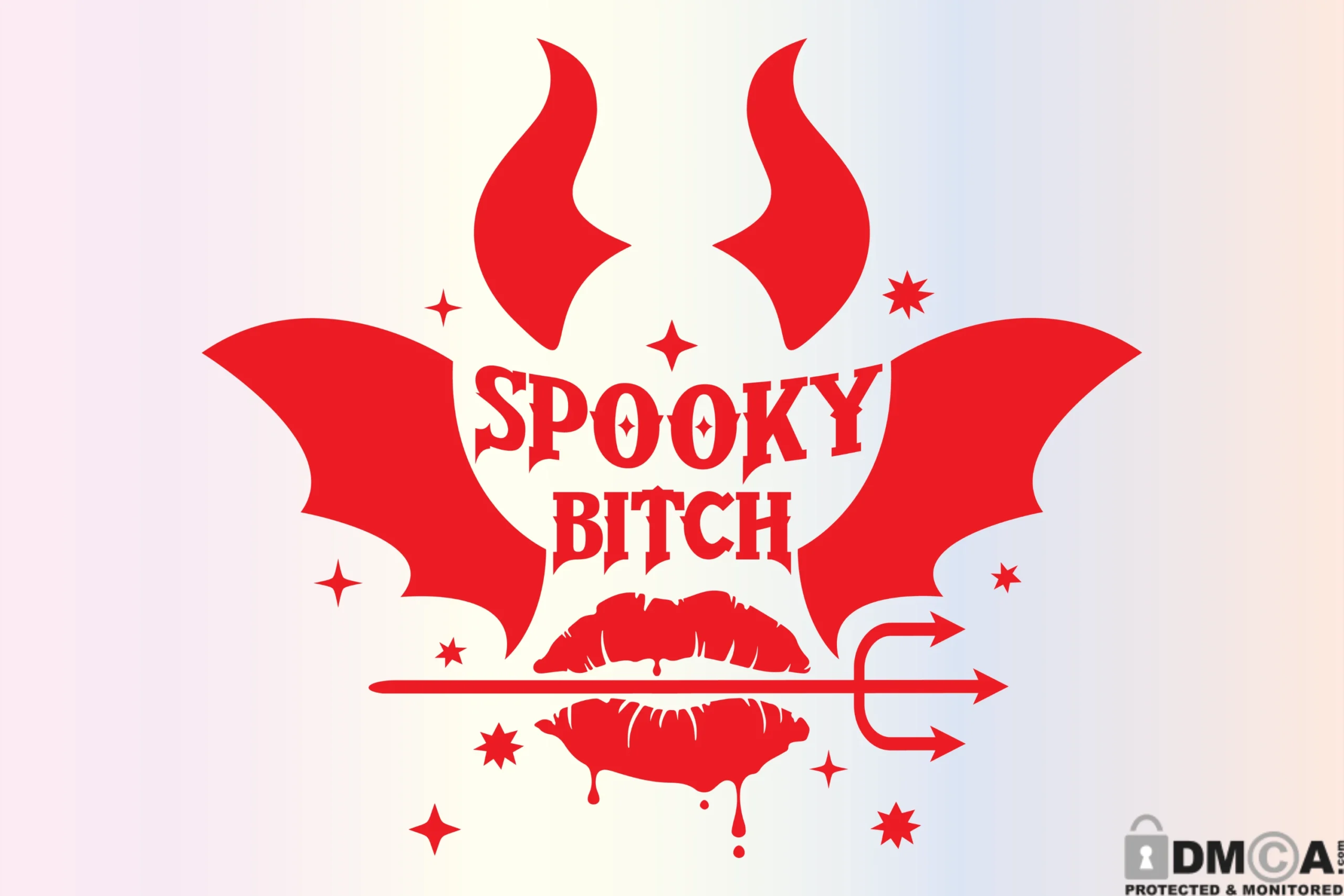 Spooky Bitch Funny Halloween SVG PNG featuring Stacked spiked serif lettering with devil horns and bat wings and Lips pierced by a trident with star accents and a dripping lower lip