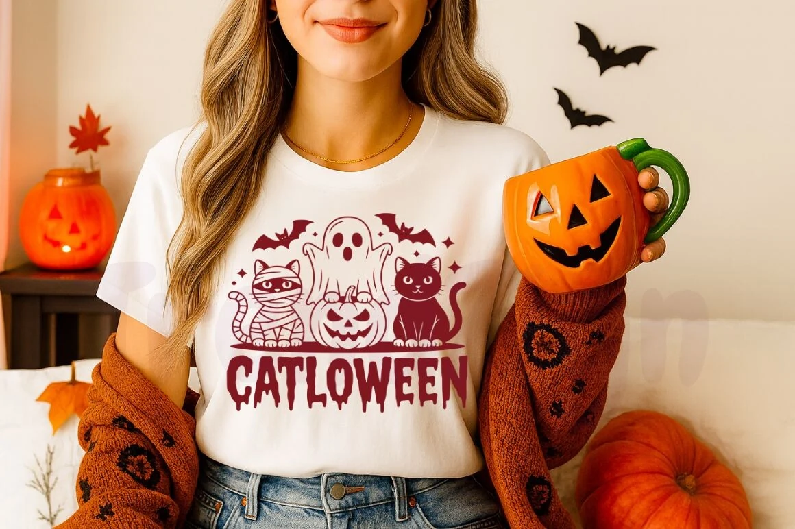 Spooky Black Cat Social Club SVG PNG featuring bold maroon Halloween lettering with dripping lower edges above a monochromatic illustration of a mummy cat, ghost, jack-o'-lantern, and sitting cat.