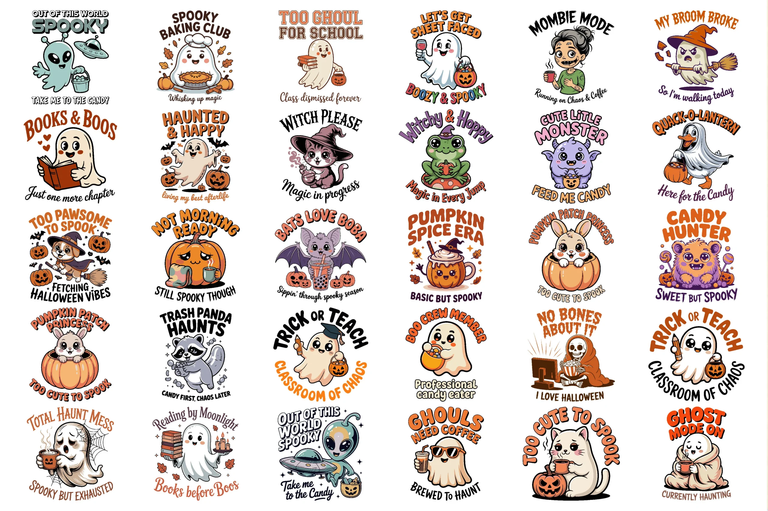 Spooky Cute Halloween Quotes Mega Bundle showing cartoon ghosts, cats, pumpkins, aliens, and skeletons with arched Halloween text in colorful circular compositions