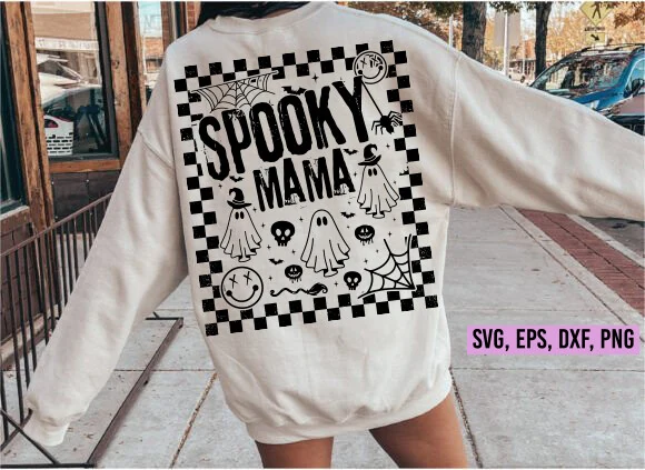 Spooky Mama SVG, Funny Halloween SVG PNG design featuring distressed retro lettering, hand-drawn ghosts, a skull, spider, spiderweb, and checkered border.