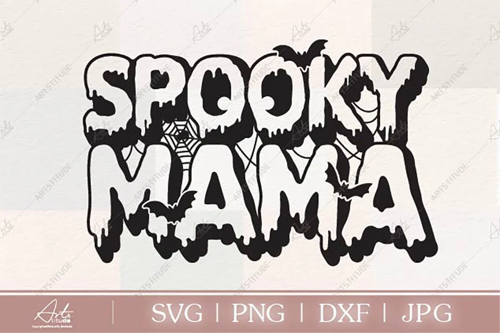 Spooky MAMA SVG PNG, Funny Halloween SVG featuring bold dripping text with a black drop shadow, bats, and spiderweb motifs.