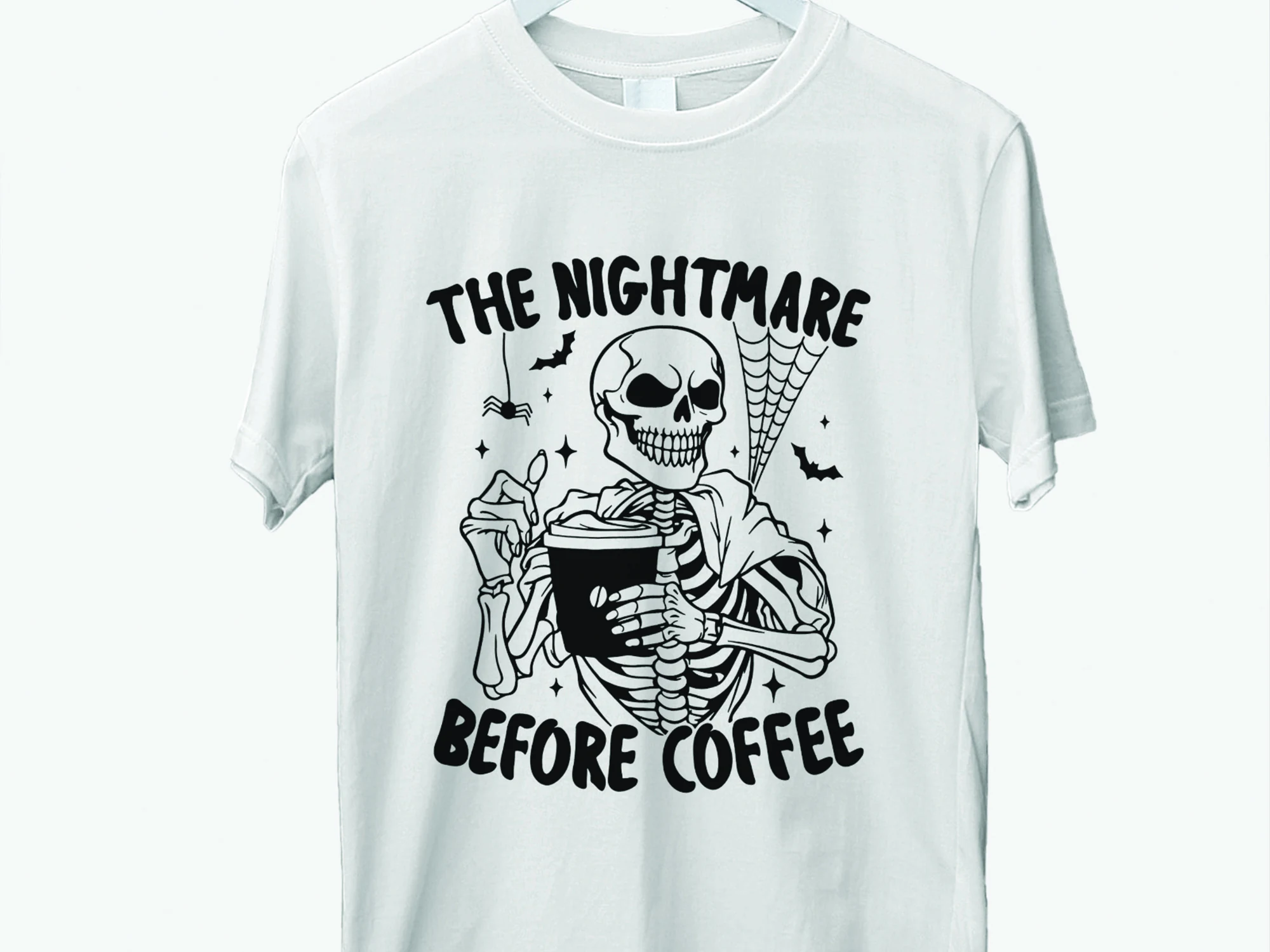 Spooky Season, Funny Halloween Svg showing a skeleton holding a coffee cup with spiderweb accents, bats, and bold arched text.