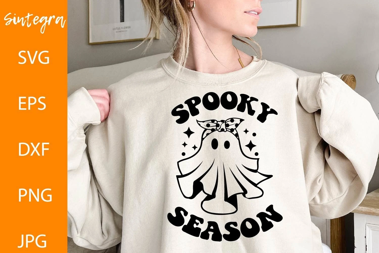 Spooky Season SVG, Halloween Ghost Svg featuring a black-and-white ghost with a polka-dot bow, arched SPOOKY and SEASON lettering, and small star accents.