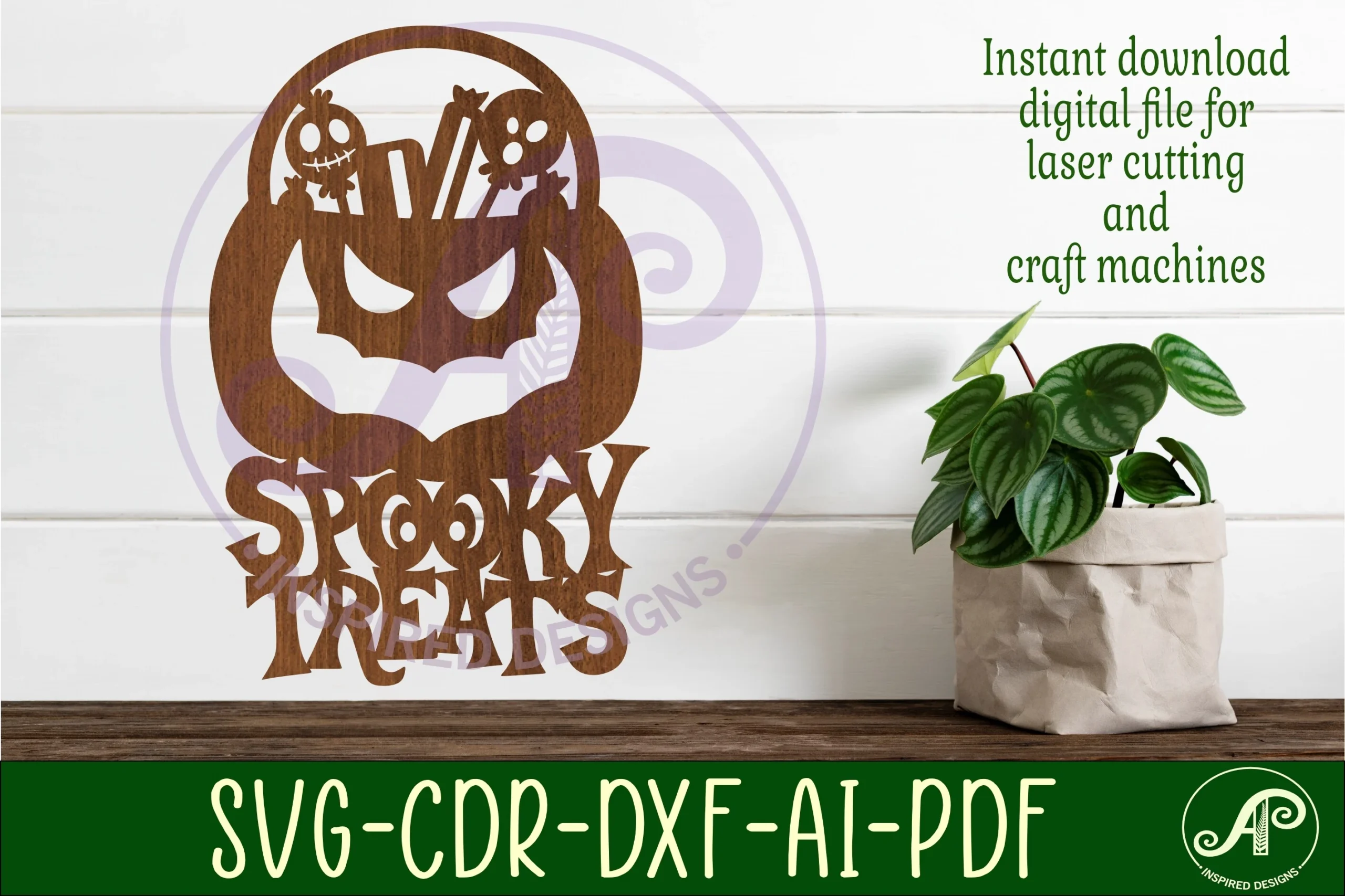 Spooky Treats Halloween Sign Svg Laser showing a pumpkin-faced candy bucket filled with treats above the words “SPOOKY TREATS” in stencil-style lettering.