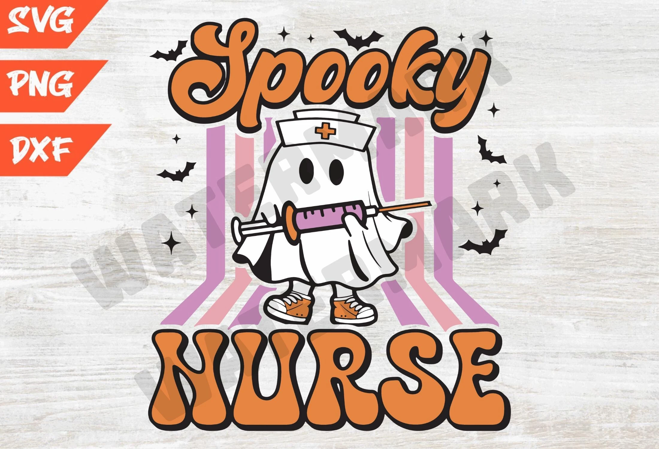 Spooky Vibes Svg, Gifts for Nurse Svg featuring a ghost in a nurse hat holding a syringe, orange retro lettering, pastel vertical stripes, bats, and star icons