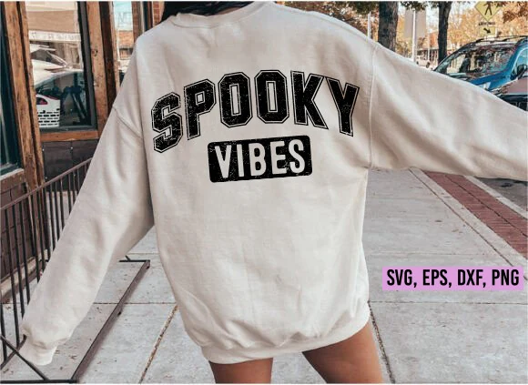 Spooky Vibes SVG, Halloween SVG featuring arched SPOOKY text above VIBES inside a distressed rectangular border with a vintage ink-textured effect.