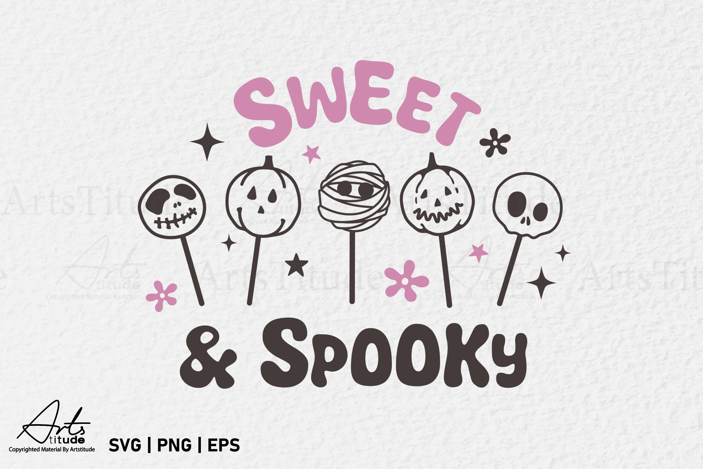 Sweet and Spooky, Funny Halloween SVG showing pink and dark brown text above and below five Halloween-themed cake pop illustrations, with small stars and flowers.