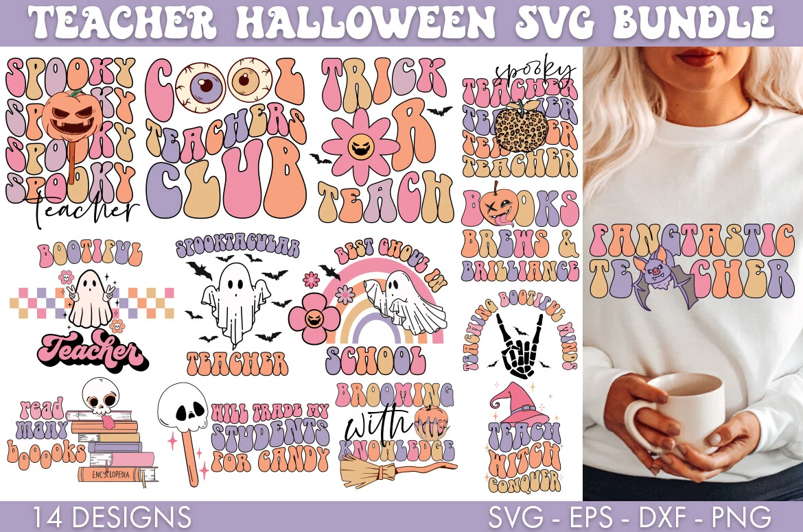 Teacher Halloween SVG Bundle PNG featuring retro bubble lettering, educational phrases, ghosts, pumpkins, skulls, and bats in muted pastel colors.
