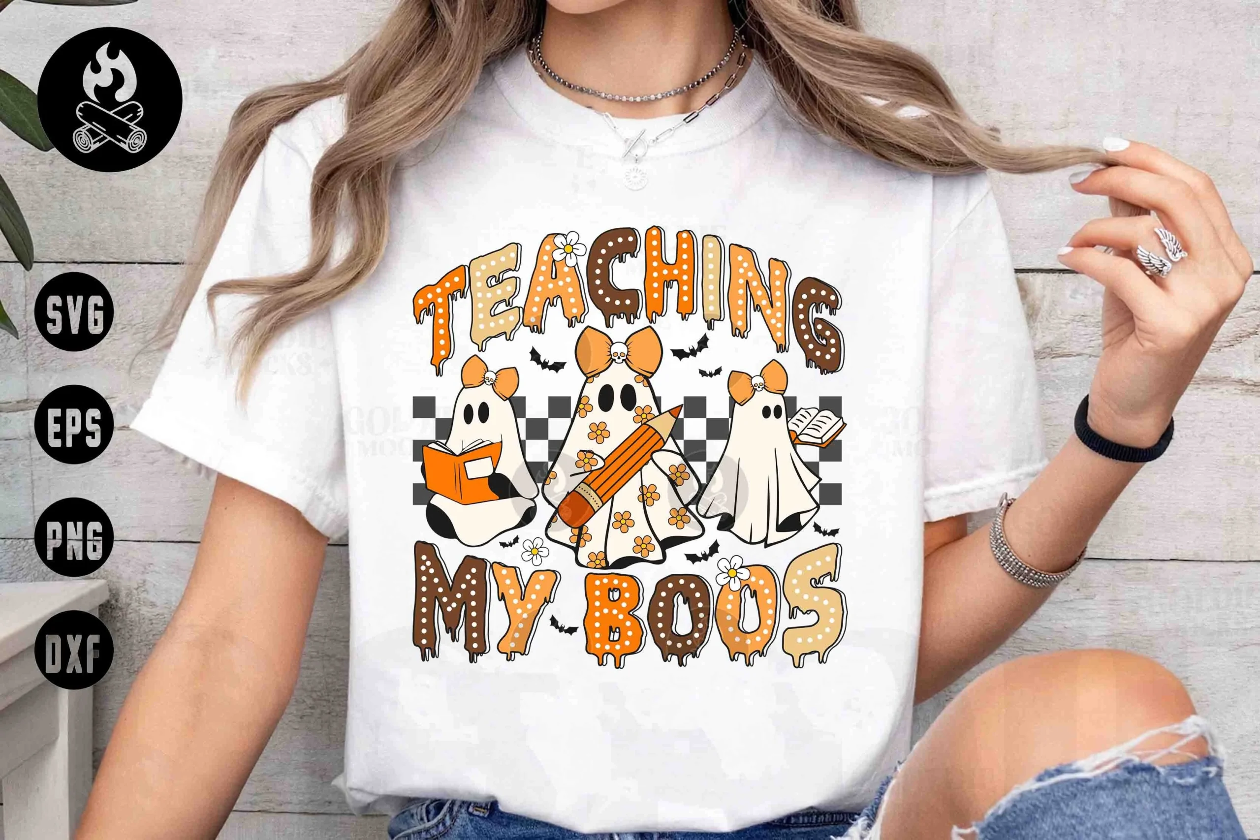Teaching My Boos Halloween Svg featuring bold dripping patterned text, three cartoon ghosts with books and a pencil, fall flowers, and a checkered background.