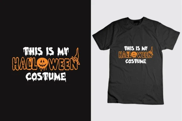 This is My Halloween Costume October 31 featuring a stacked dripping phrase with orange Halloween lettering, a pumpkin icon, and a witch's hat motif.