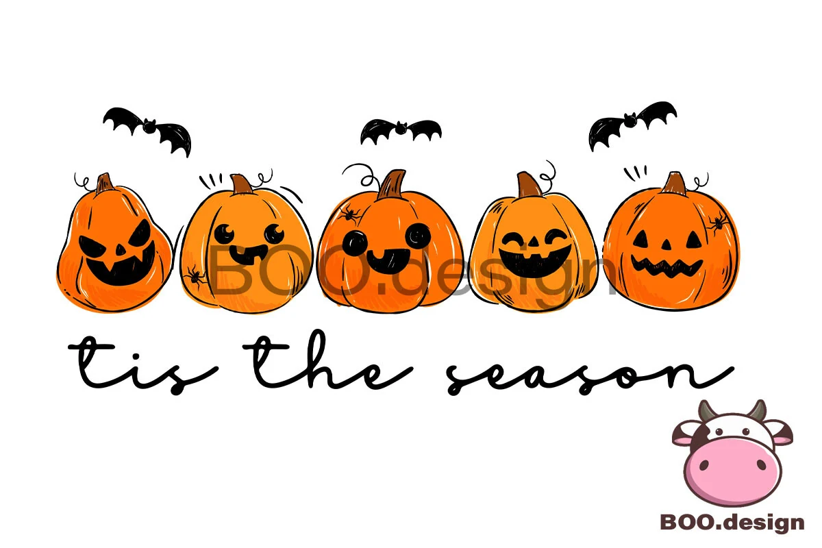 Tis the Season Svg,Halloween Pumpkin Svg featuring five hand-drawn jack-o'-lanterns with different expressions, bat and spider motifs, flowing "tis the season" script lettering, and a small cartoon cow icon.