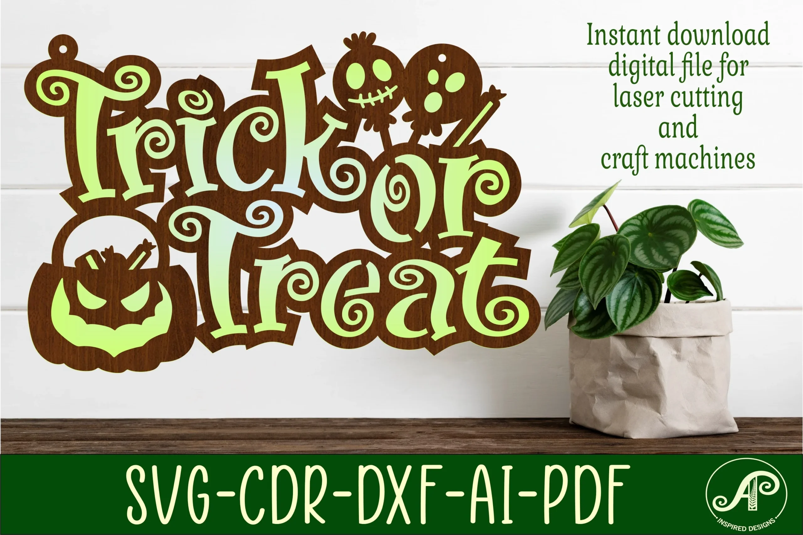 Trick or Treat Halloween Sign Svg Laser featuring layered decorative typography with a jack-o'-lantern basket and lollipop silhouettes in dark brown and light green