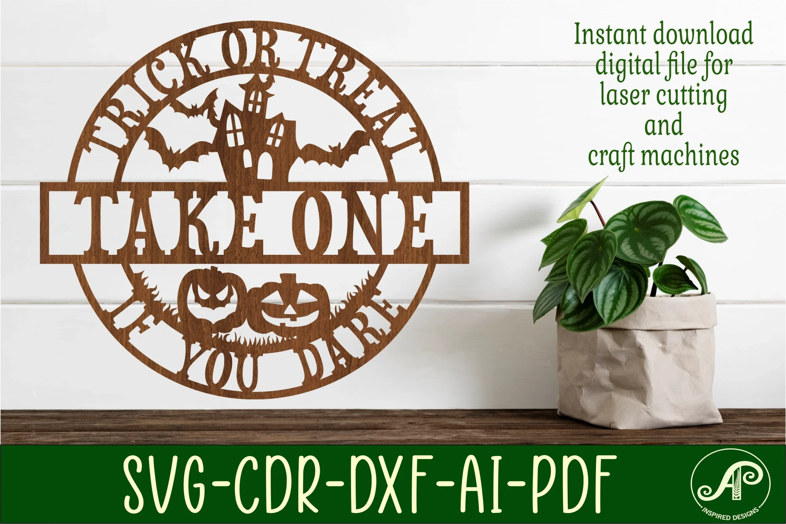 Trick or Treat Halloween Sign Svg Laser preview showing a silhouette-focused composition with noticeable line density