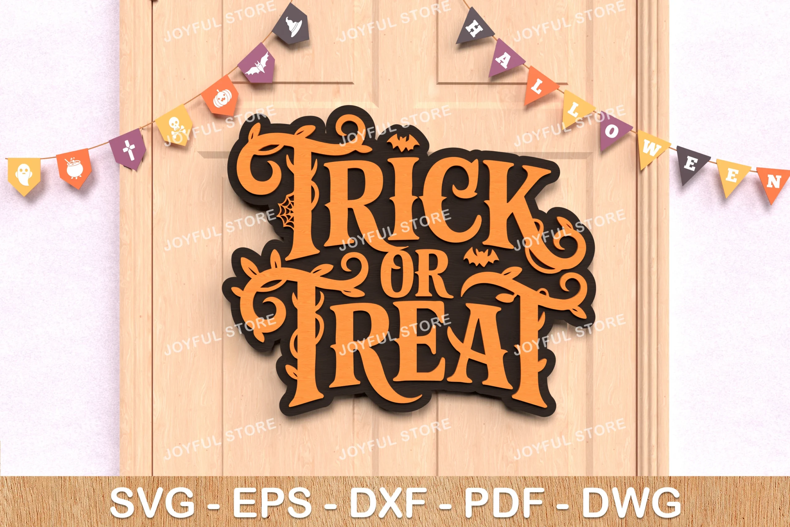 Trick or Treat Halloween Sign SVG featuring stylized serif lettering with integrated vines, cobwebs, and bat silhouettes over a dark layered background.