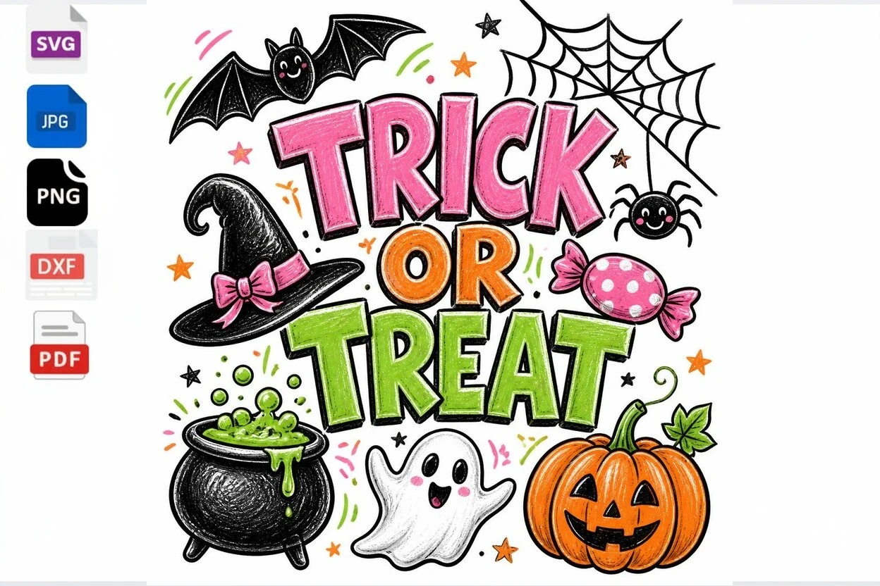 Trick or Treat Halloween SVG Clipart featuring colorful three-level block text with a bat, spider web, witch's hat, candy, cauldron, ghost, and jack-o'-lantern.