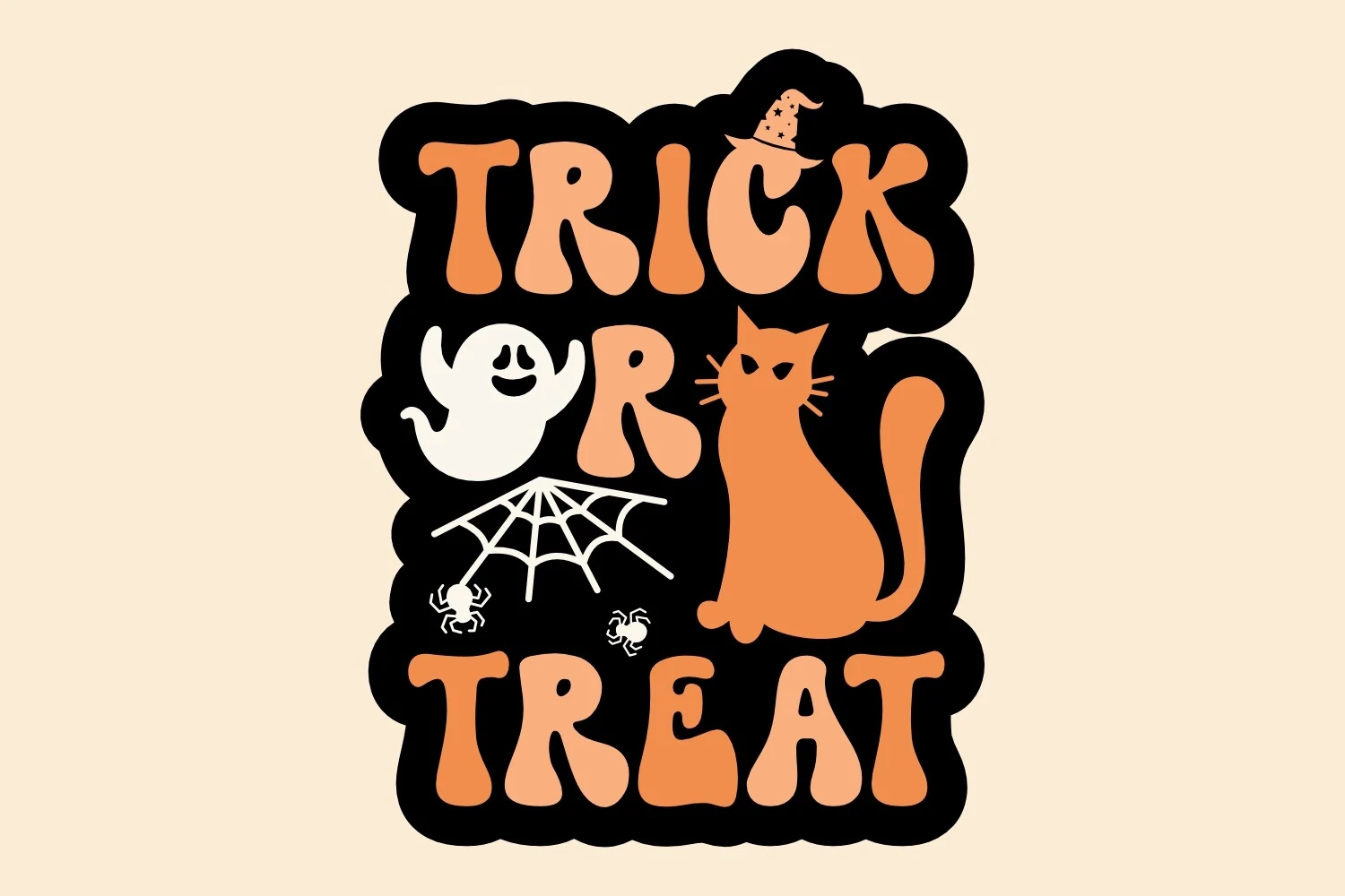 Trick or Treat Halloween SVG Graphic featuring bold retro bubble lettering, a white ghost, an orange cat, a witch's hat, a spiderweb, and spiders within a black irregular silhouette.