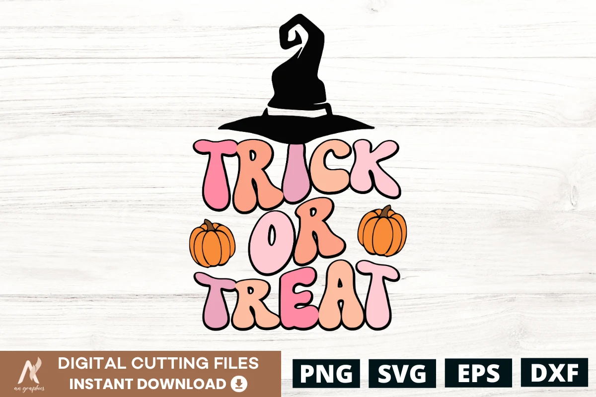 Trick or Treat Halloween SVG with stacked wavy pastel bubble lettering, a black witch hat, and two orange pumpkin icons.