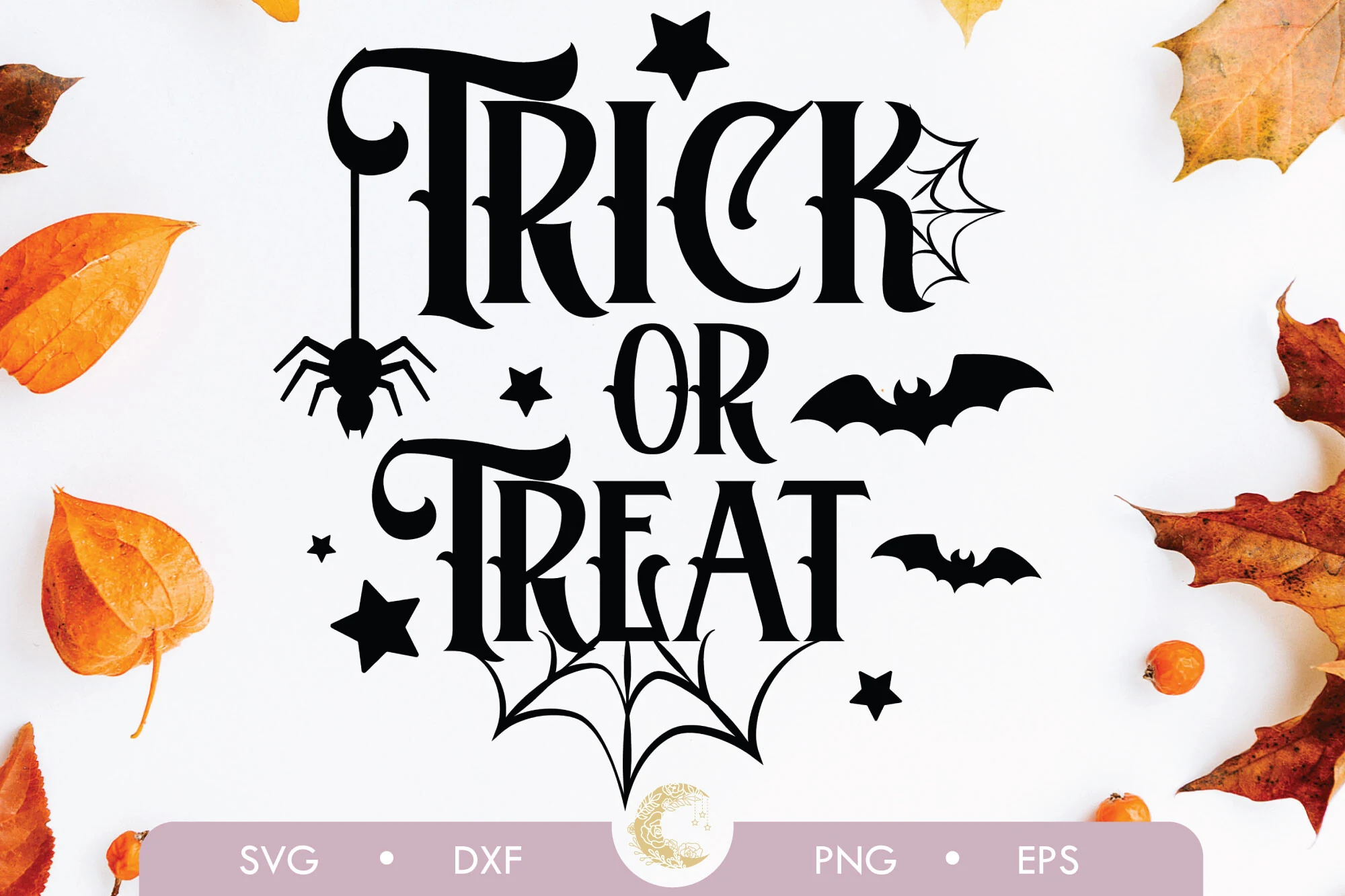 Trick or Treat Halloween Svg featuring stacked decorative serif lettering with spider web, spider, bat, and star illustrations.