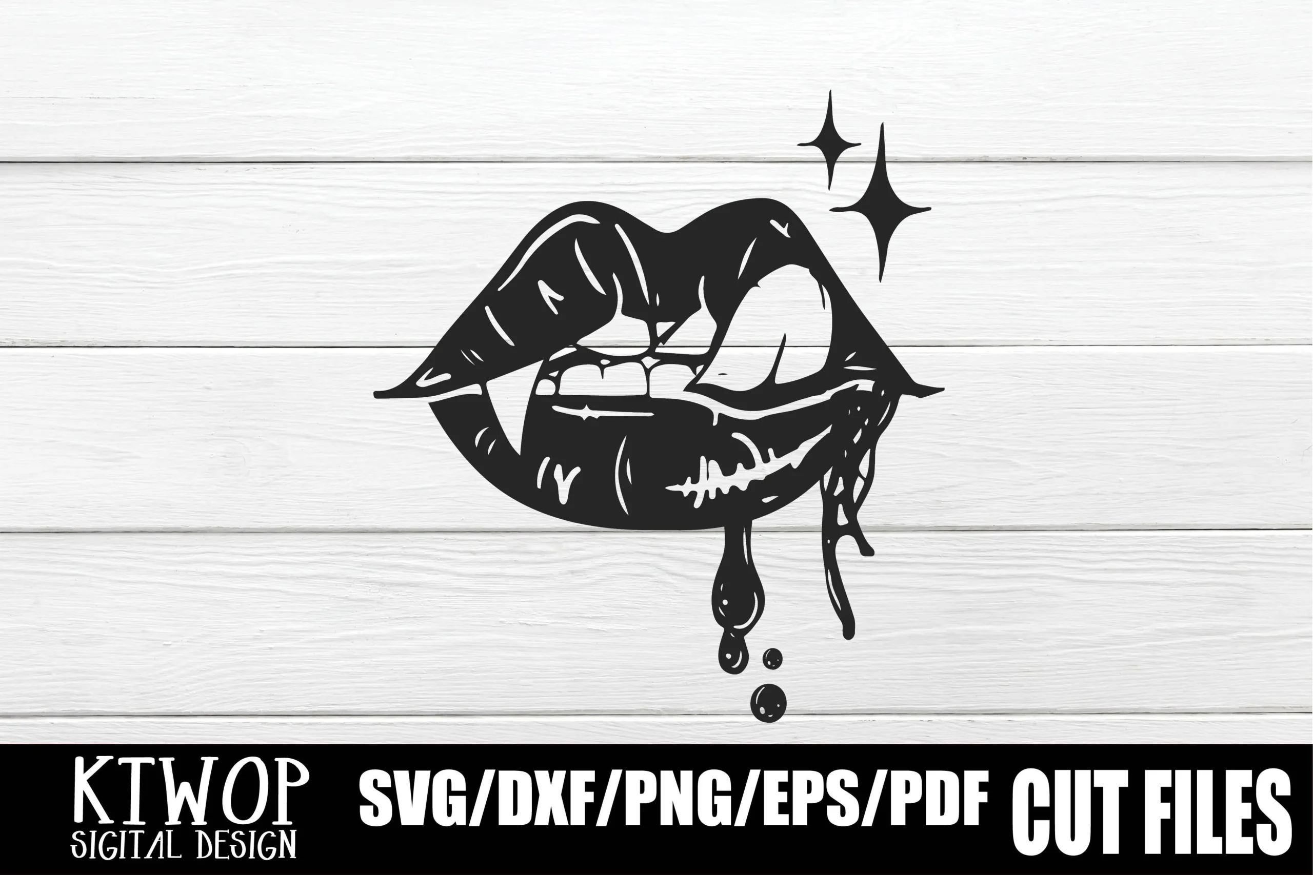 Vampire Lip Sexy Halloween bold black silhouette of lips biting a tongue with sharp teeth, dripping liquid elements, and two four-pointed star accents.
