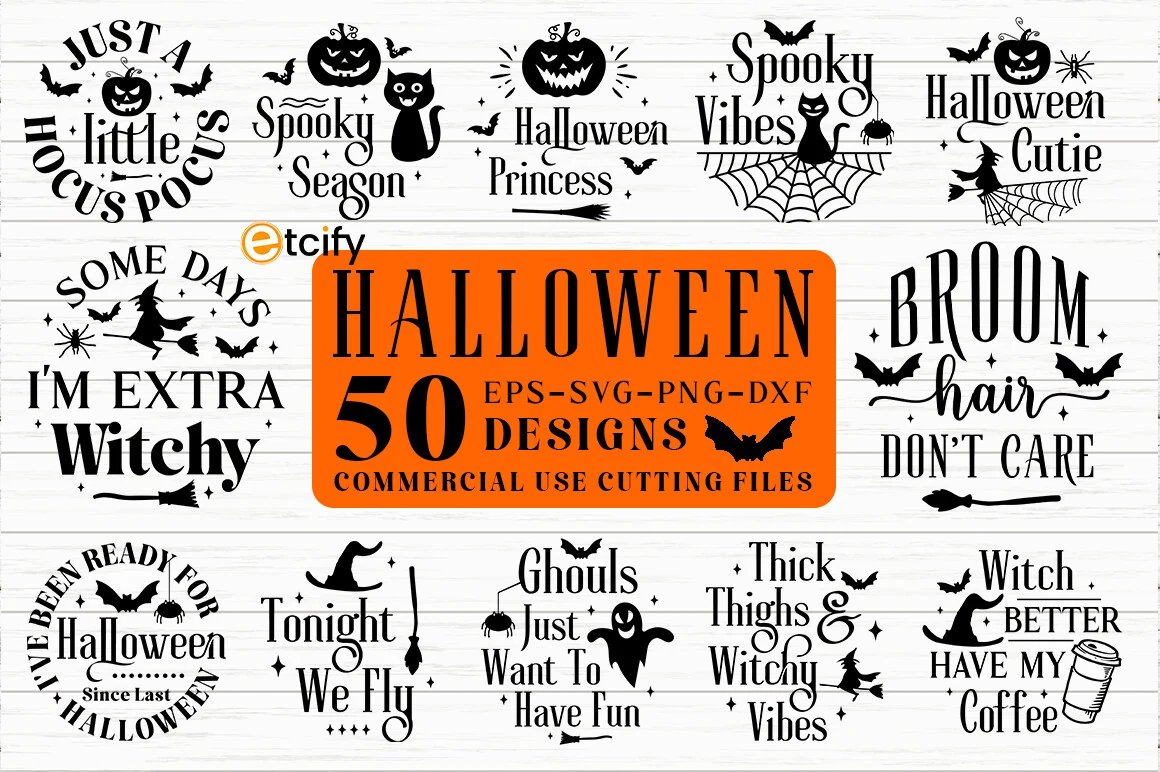 Vintage Halloween SVG Bundle, Round Sign featuring a circular Halloween badge with stylized seasonal typography and black silhouette motifs including pumpkins, witches' hats, ghosts, cats, bats, and spiders.