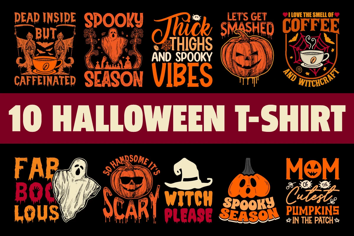 Vintage Halloween T-Shirts Bundle featuring ten Halloween-themed graphic layouts with bold typography, pumpkins, ghosts, skeletons, witch motifs, distressed textures, and dripping effects.