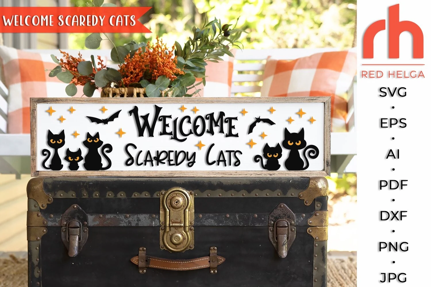 Welcome Scaredy Cats, Halloween Sign SVG preview showing a Halloween silhouette composition with noticeable line density and layering