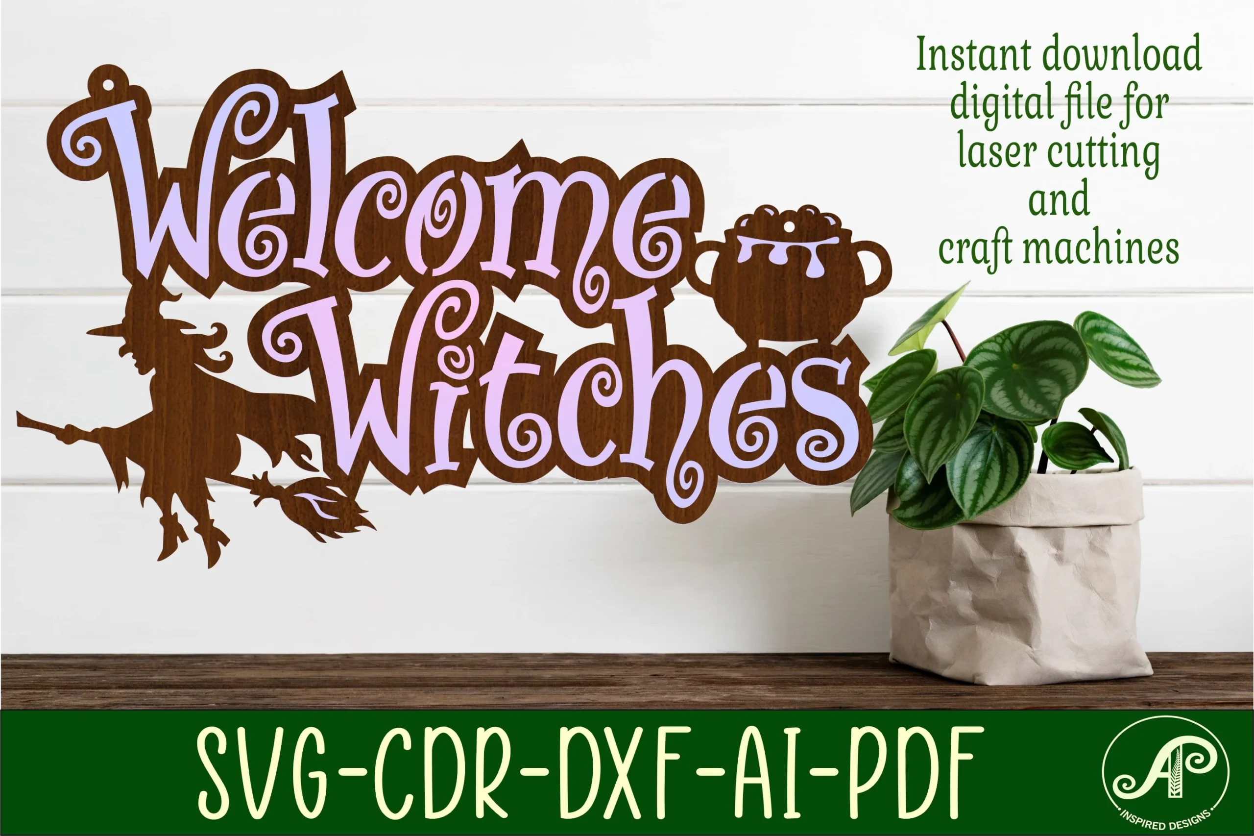 Welcome Witches Halloween Sign Svg Laser digital file for laser cutting featuring layered decorative script with a witch flying on a broom and a bubbling cauldron.