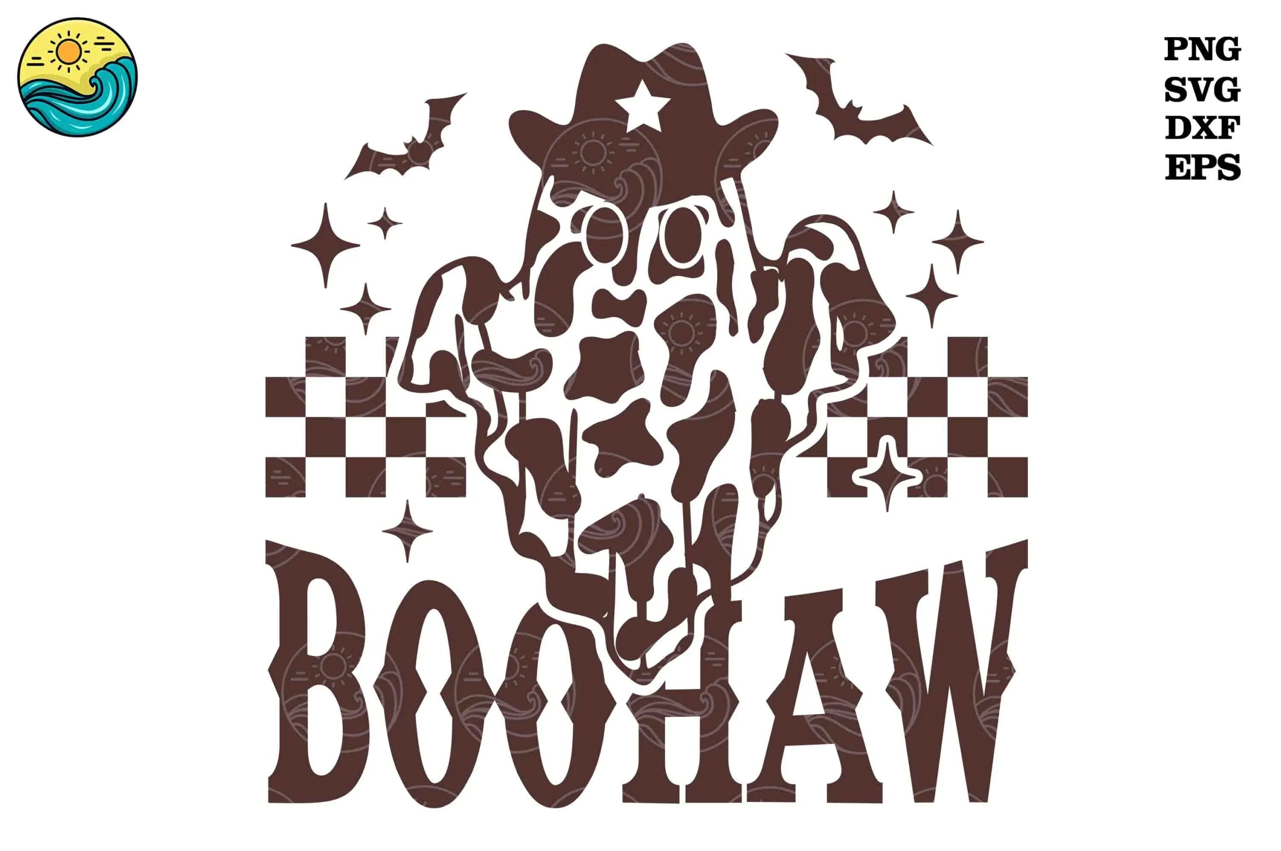 Western Halloween SVG, Boo Haw SVG featuring a ghost in a cowboy hat with cow-print cutouts, checkered accents, bats, and stars in a single-color composition.