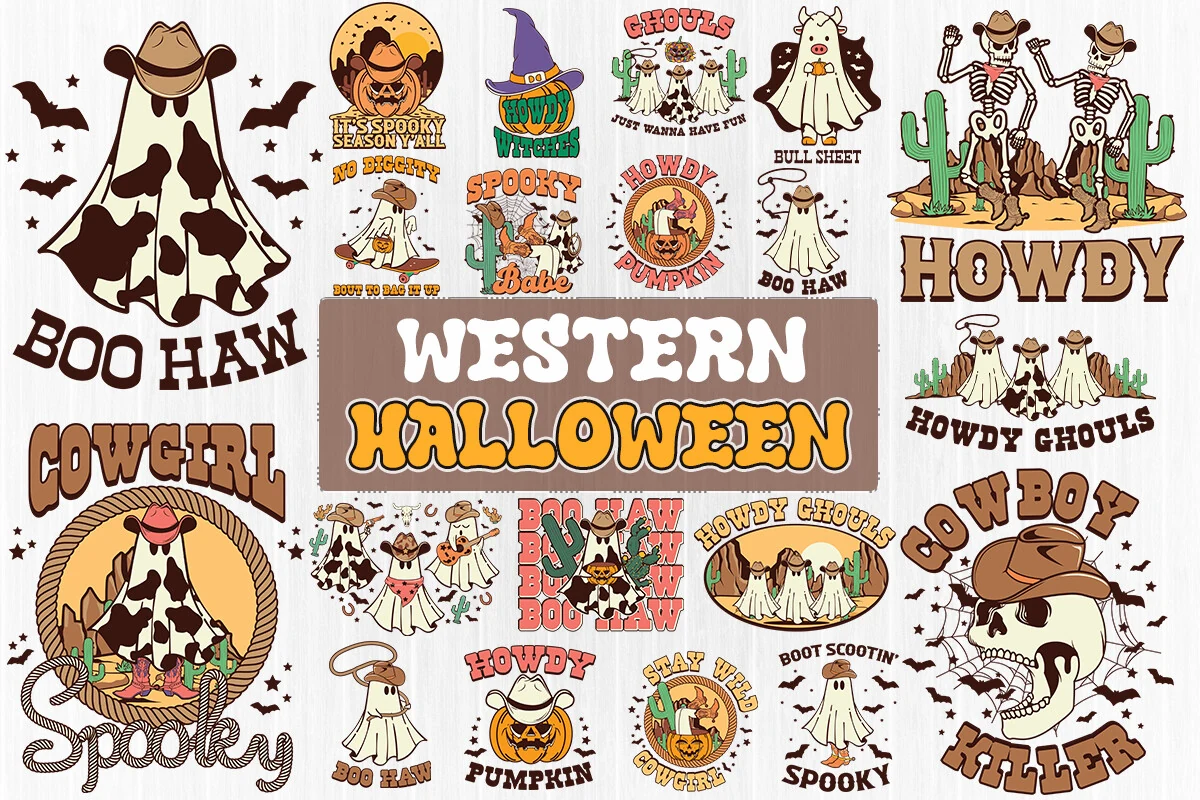 Western Halloween SVG Bundle 20 Designs showing a collection of Western-themed Halloween graphics with cowboy ghosts, skeletons, pumpkins, bold typography, and retro colors.