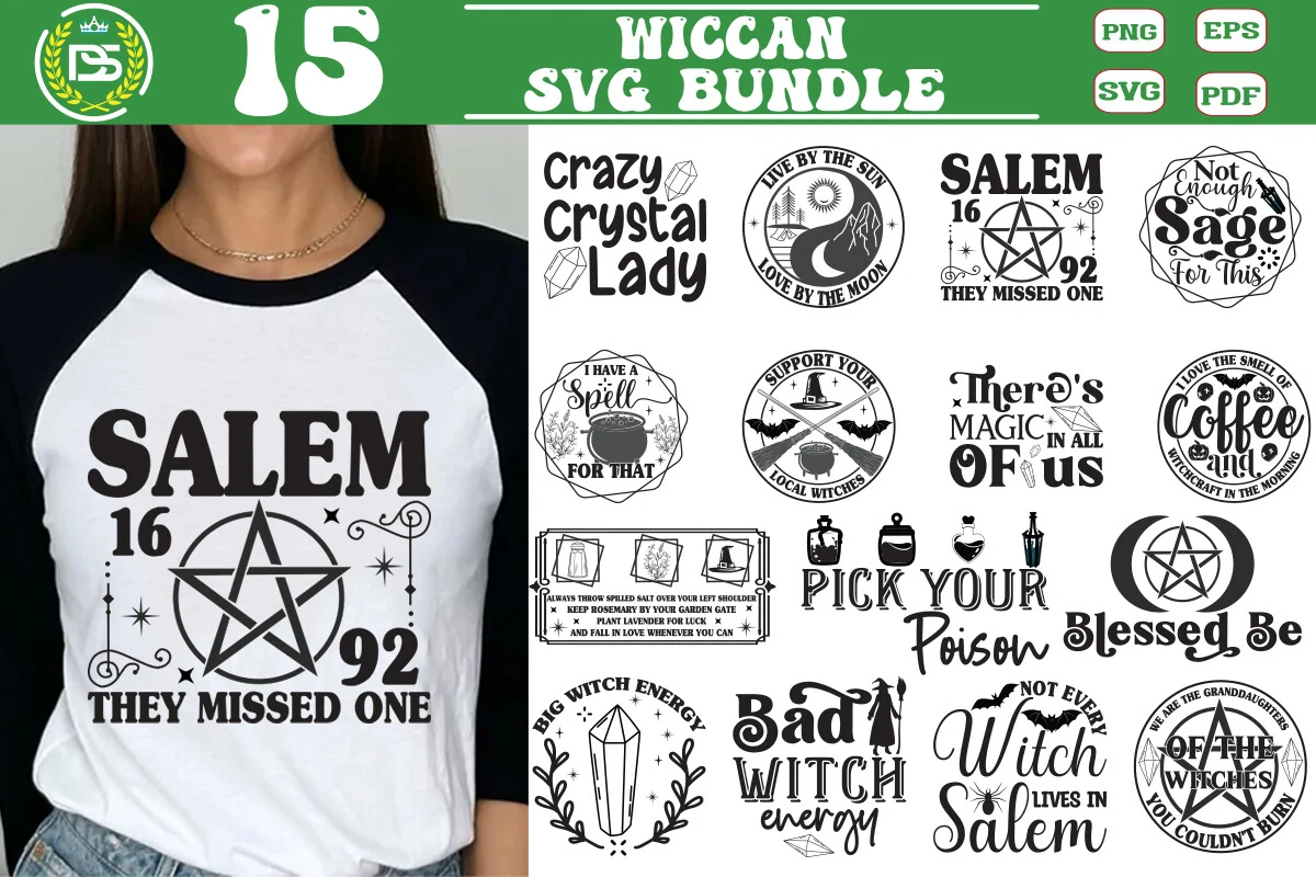 Wiccan SVG Bundle, Magic Halloween Svg B featuring 15 monochrome witchcraft-themed designs with stylized text, pentacles, crystals, potions, and moon motifs